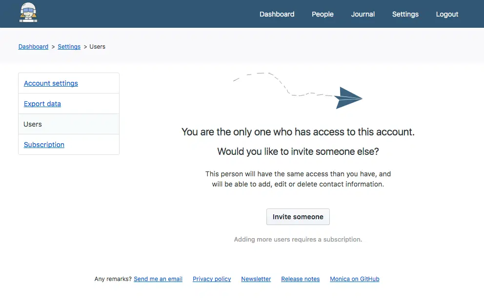Monica's user settings, empty, offering to invite someone else onto the account.