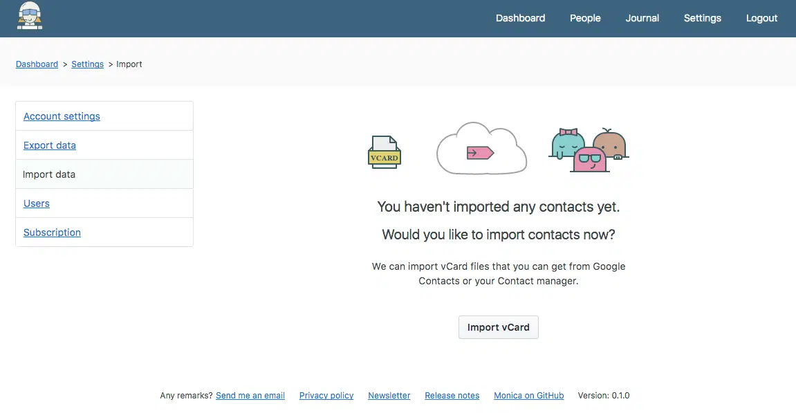 Monica's import screen before any import, offering to bring in contacts from a vCard file.
