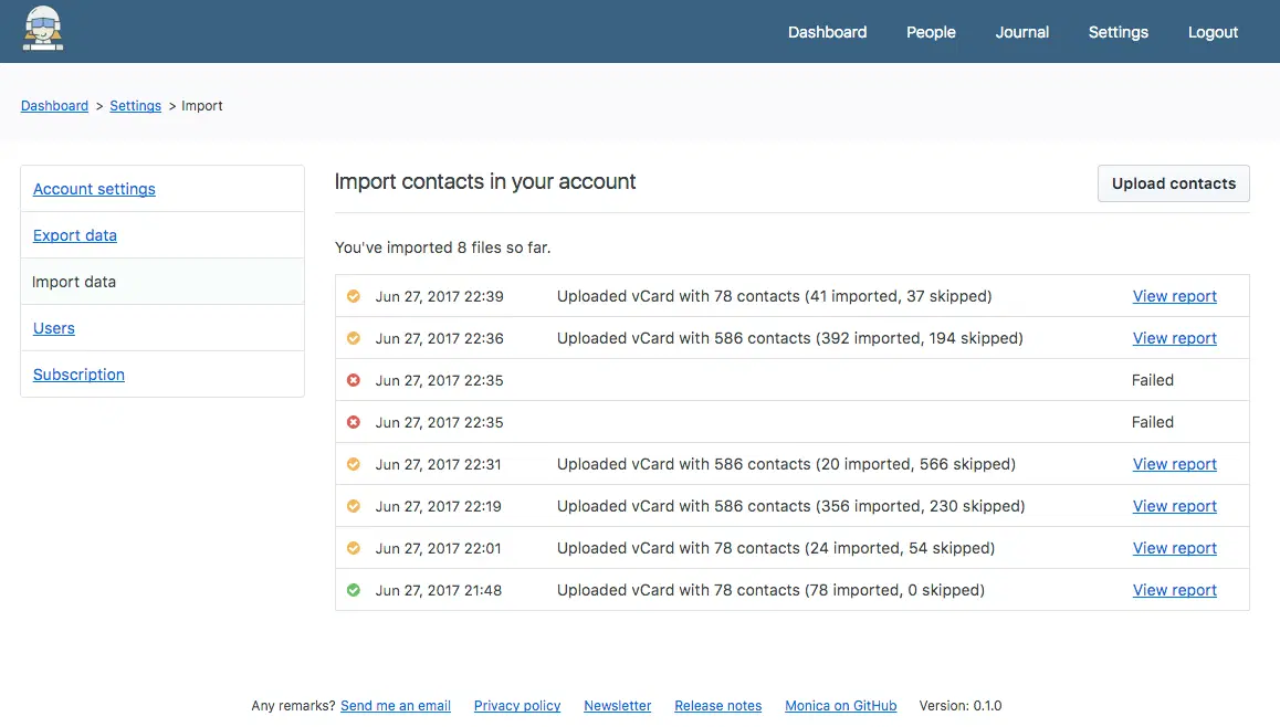 A list of past vCard imports, each with the number of contacts imported and skipped.