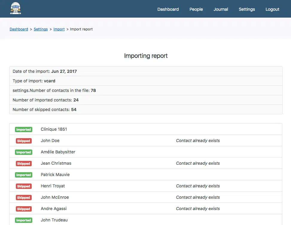 An import report listing every contact in the file, marked imported or skipped.