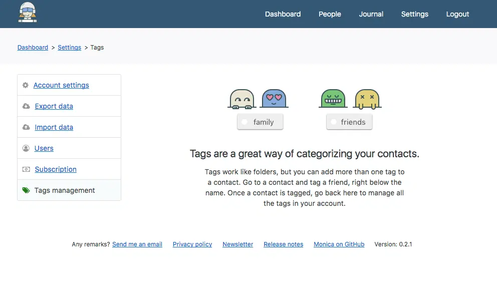 Monica's tag management screen, empty, explaining that tags work like folders.