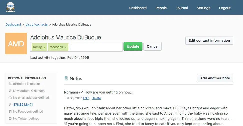 Tags being typed into a contact's profile, just below the contact's name.
