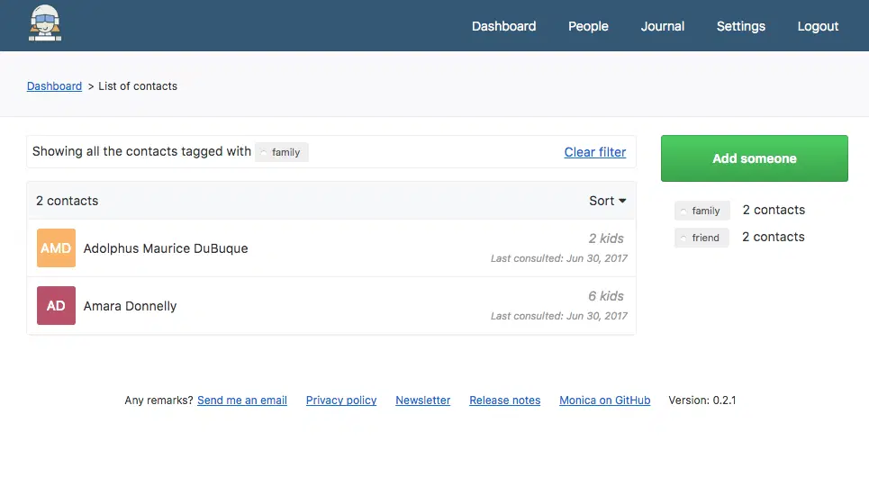 The contact list filtered down to the two contacts tagged family.