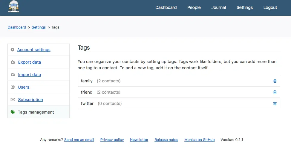 The tag settings, listing each tag with the number of contacts using it.
