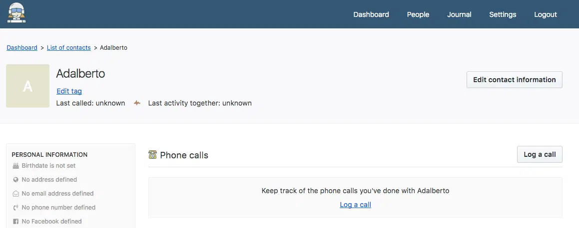A contact's phone call panel, empty, offering to log a call.