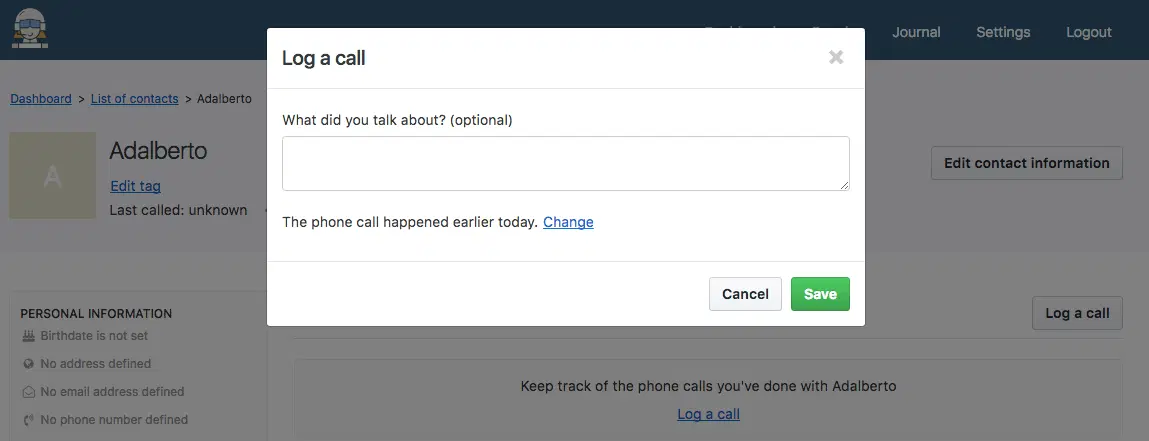 The dialog for logging a call, asking what you talked about.
