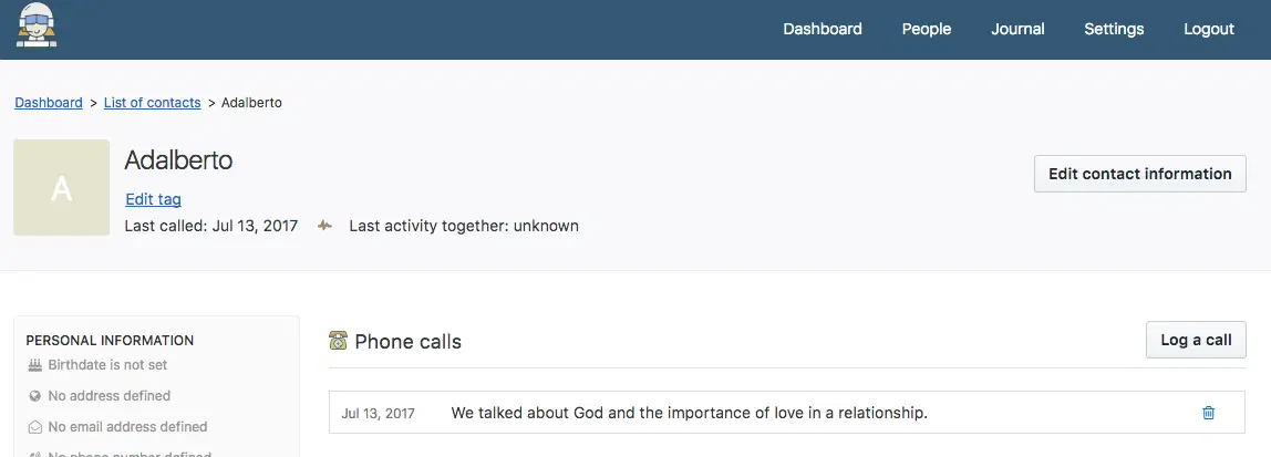 A logged call on a contact's profile, with its date and what was said.