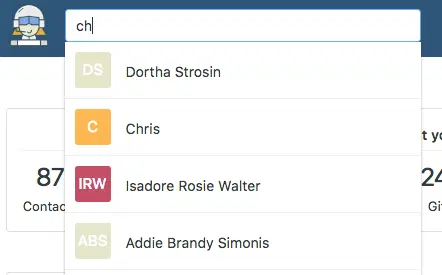 Search results appearing as you type, listing the contacts whose names match.