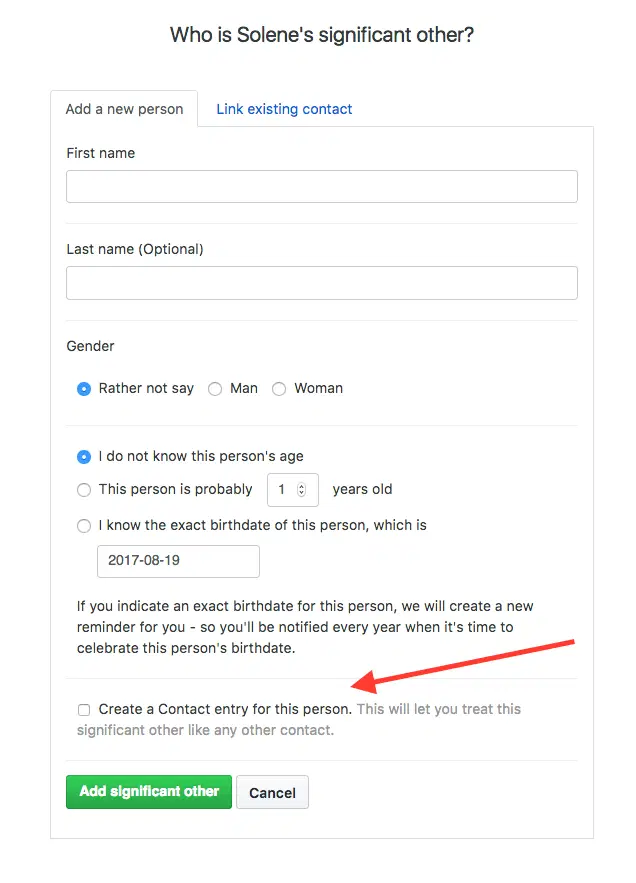 The form for adding a contact's partner, with the option to give them a contact record of their own.