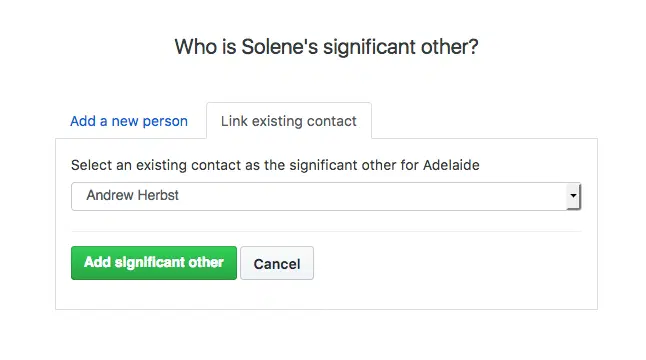 The same form on its other tab, linking an existing contact as the partner instead.