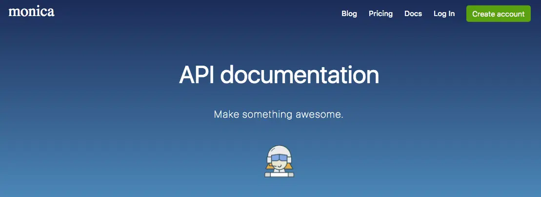 The front page of Monica's API documentation.