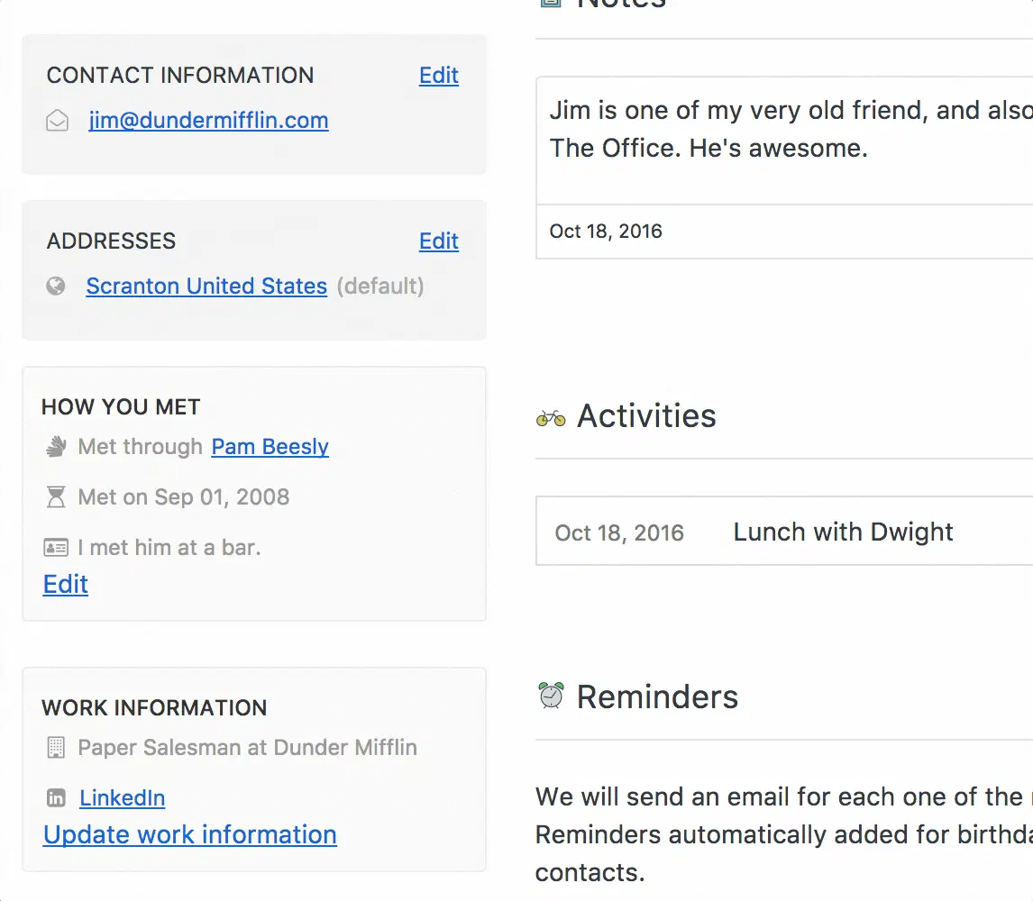 A contact's profile with the email address, the postal address, how you met and the work information down one side.