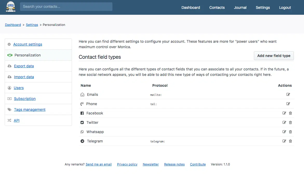 The settings screen listing the contact field types, each with the protocol its links use.