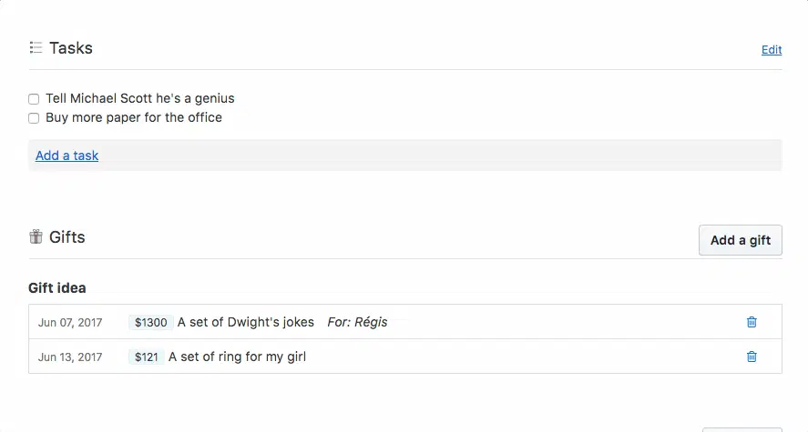 A contact's tasks as a checklist, with the gift ideas panel underneath.