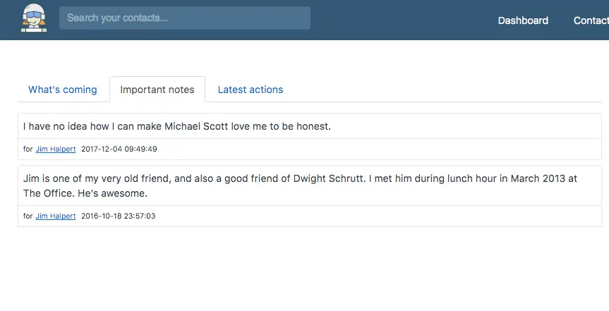 The dashboard's important notes tab, collecting the notes starred across every contact.