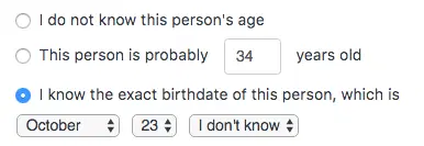 The birthdate form, with a month and a day chosen and the year left as unknown.