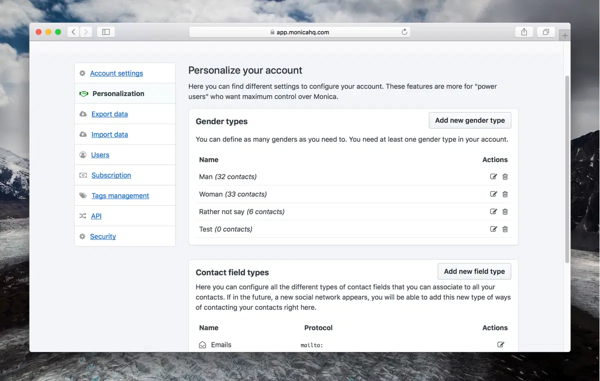 The settings screen listing the gender types on the account, each with the number of contacts using it.