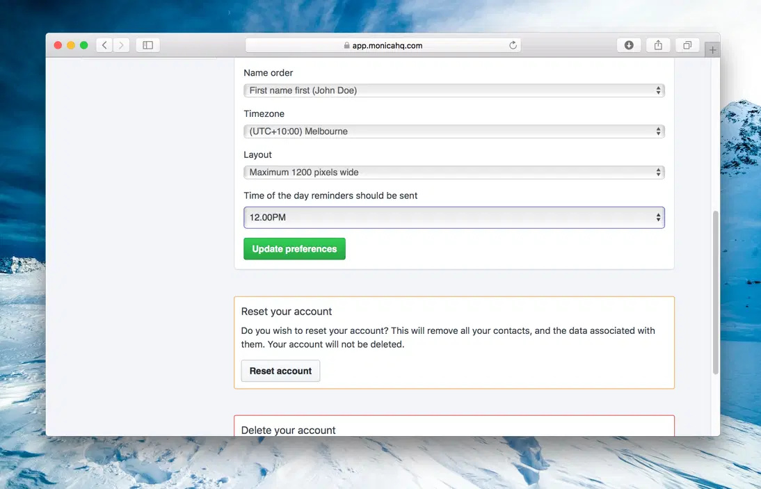 The account preferences, including the time of day the reminder emails are sent.