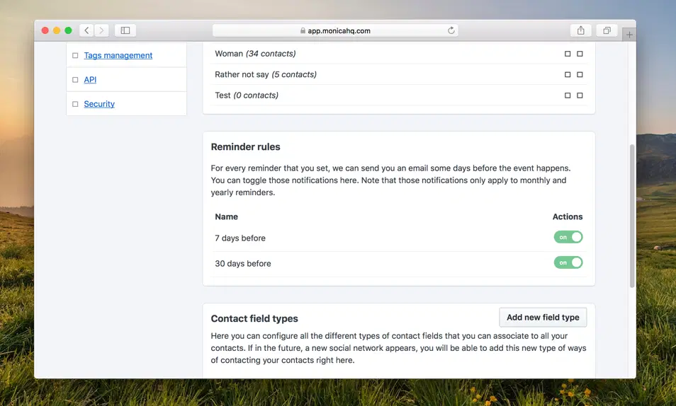 The reminder settings, with the notifications 7 and 30 days before an event both switched on.