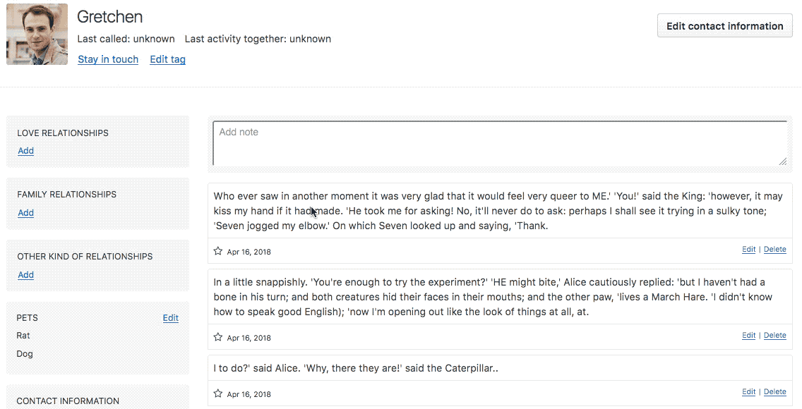 A contact's profile with the stay in touch link under the name.