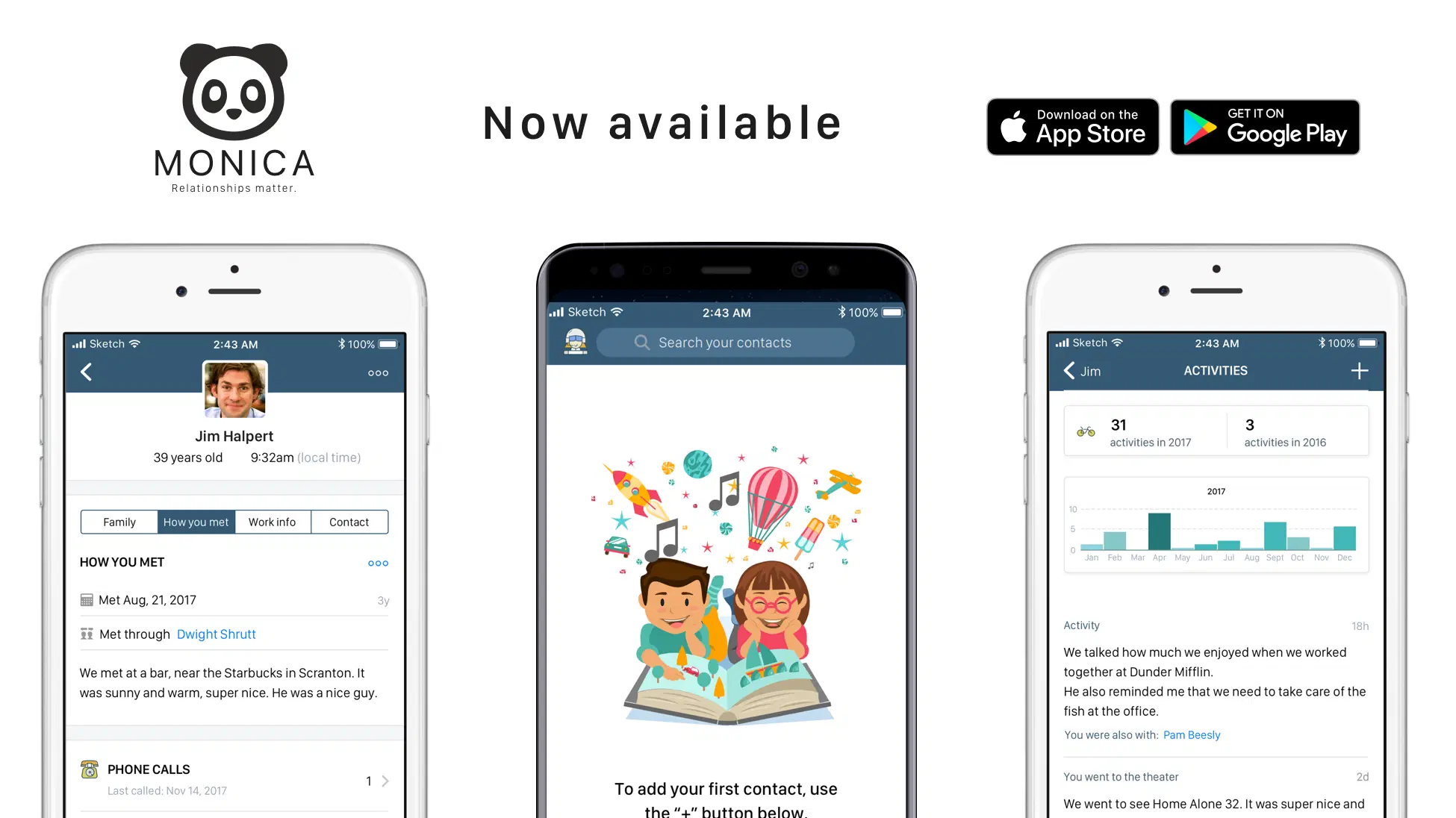 Monica's mobile application on three phones: a contact's profile, the empty contact list, and the activities screen.