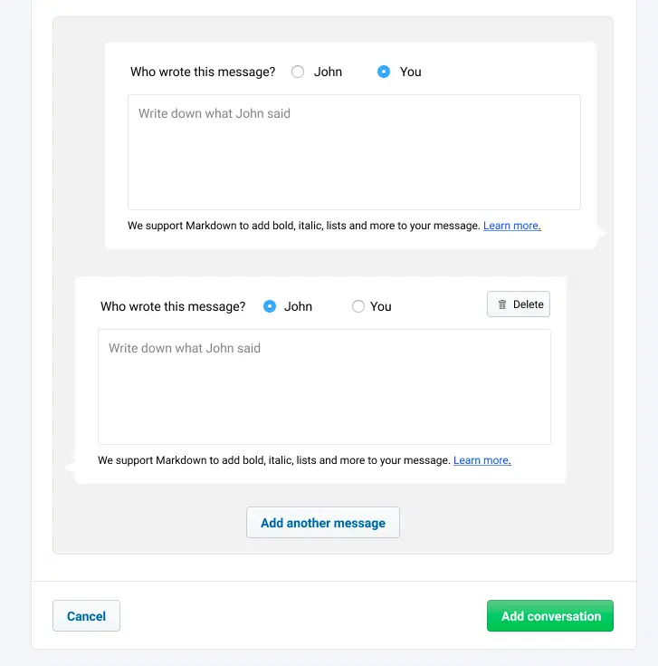 The form for recording a conversation, one message at a time, marking who wrote each one.