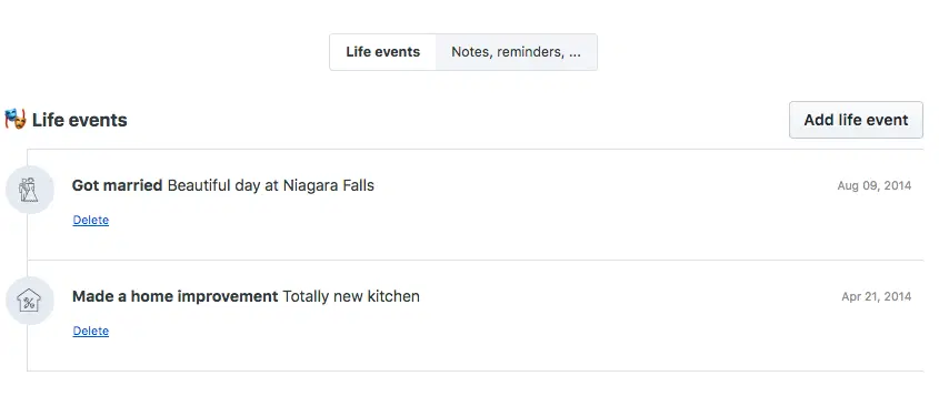 Two life events on a contact's profile, a marriage and a home improvement, each with its date.