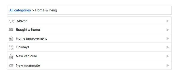 The list of life events to pick from, under the home and living category.
