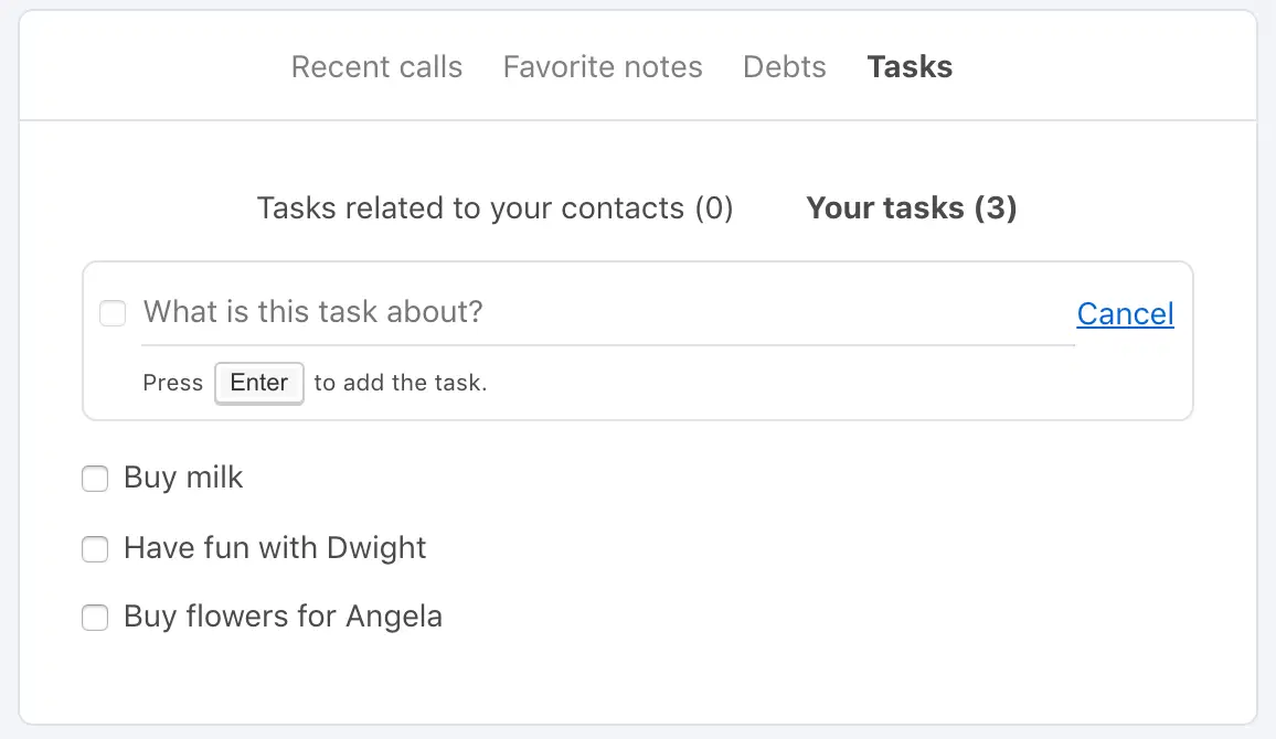 The dashboard's tasks tab, with three tasks that belong to no contact.