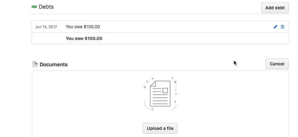 A contact's documents panel, with a file being uploaded.