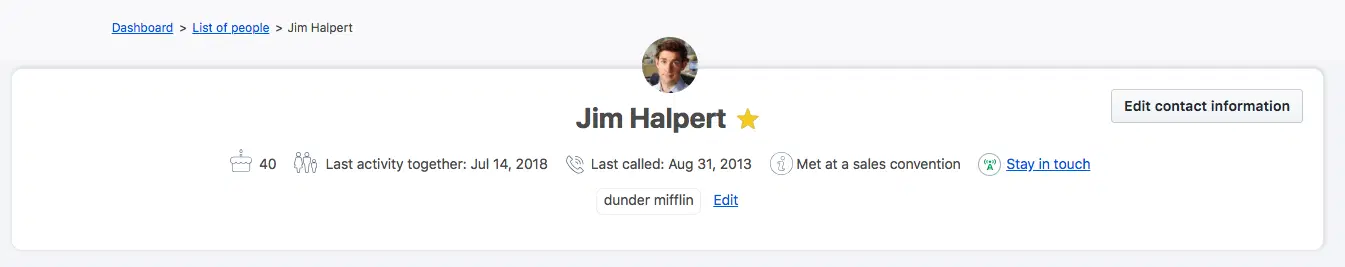 The redesigned contact header: the photo, the name, and the facts about the person on one row.