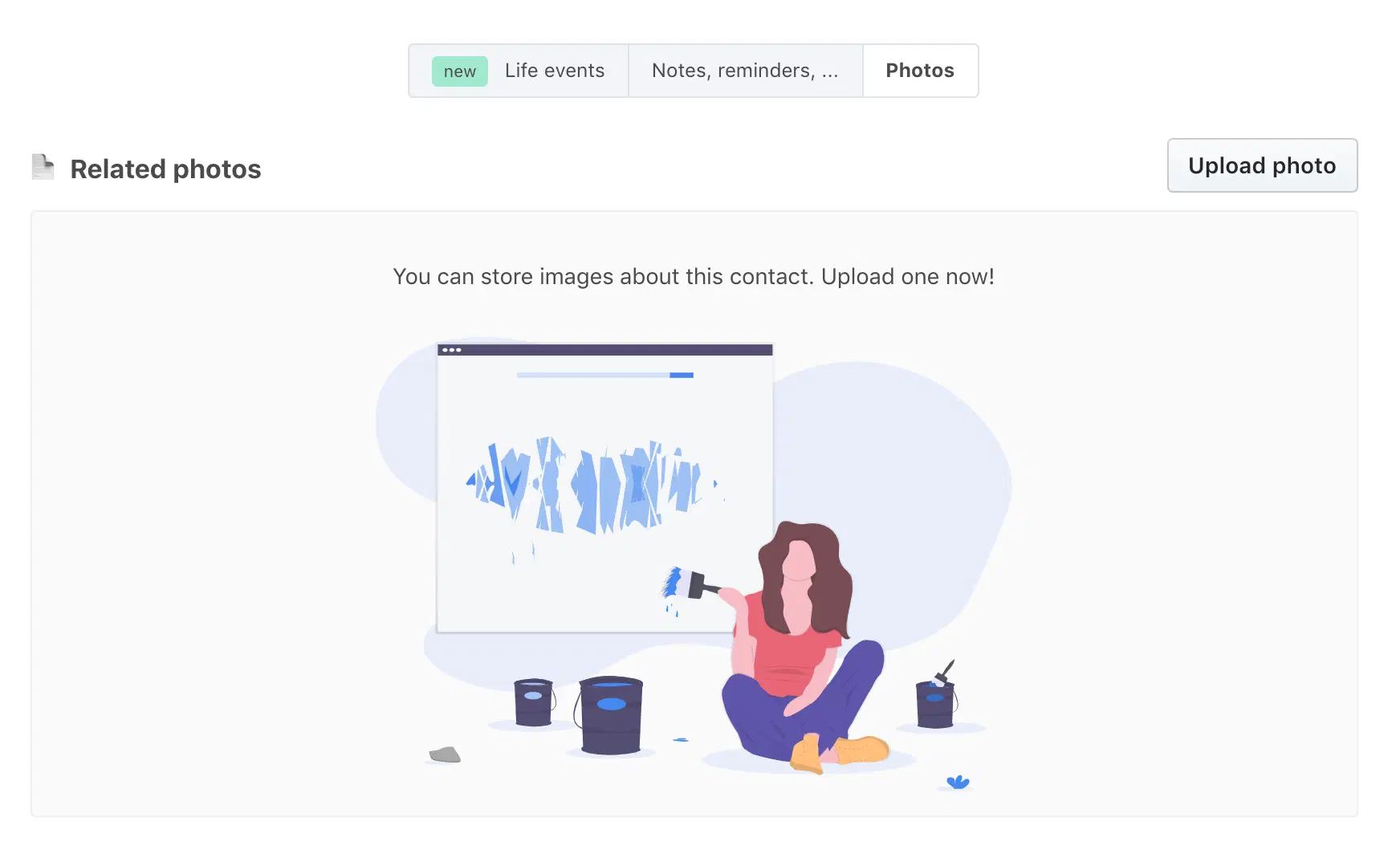 The photos tab on a contact, empty, offering to upload the first picture.