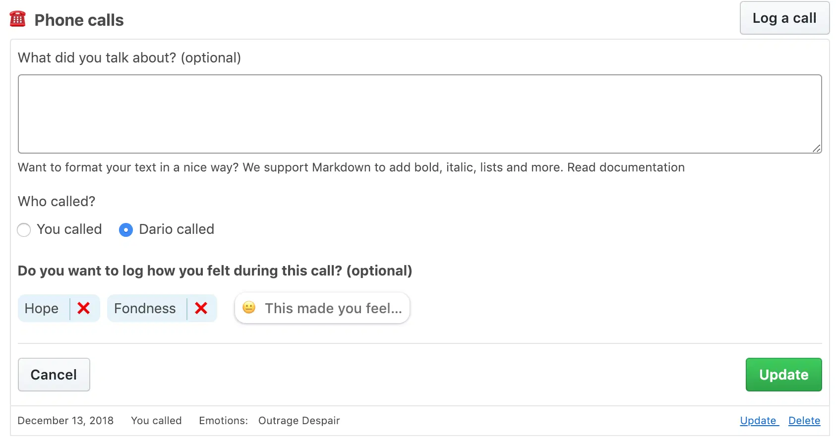 The call form, asking how you felt during the call, with two emotions already chosen.