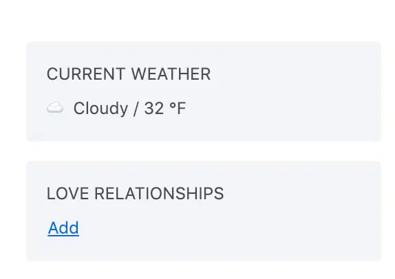 A contact's profile showing the current weather where that person lives.
