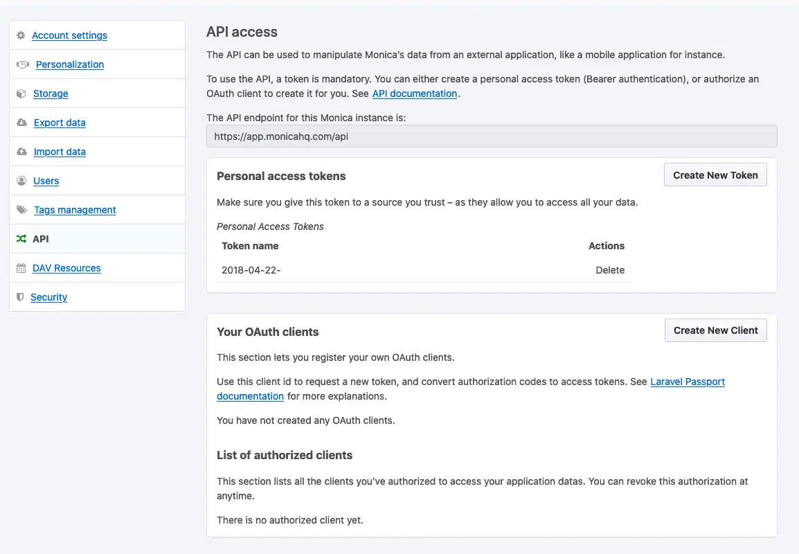 The API settings screen, with the personal access tokens and the OAuth clients.